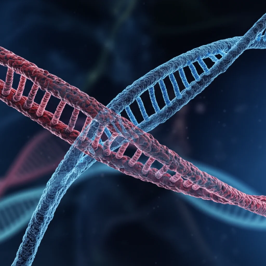 Grafico di sopravvivenza Kaplan-Meier stilizzato che mostra due curve divergenti (una rossa per l'alto rischio, una blu per il basso rischio) su uno sfondo astratto di dati genetici, obiettivo prime 50mm, focus nitido sulle curve, effetto bokeh sullo sfondo.