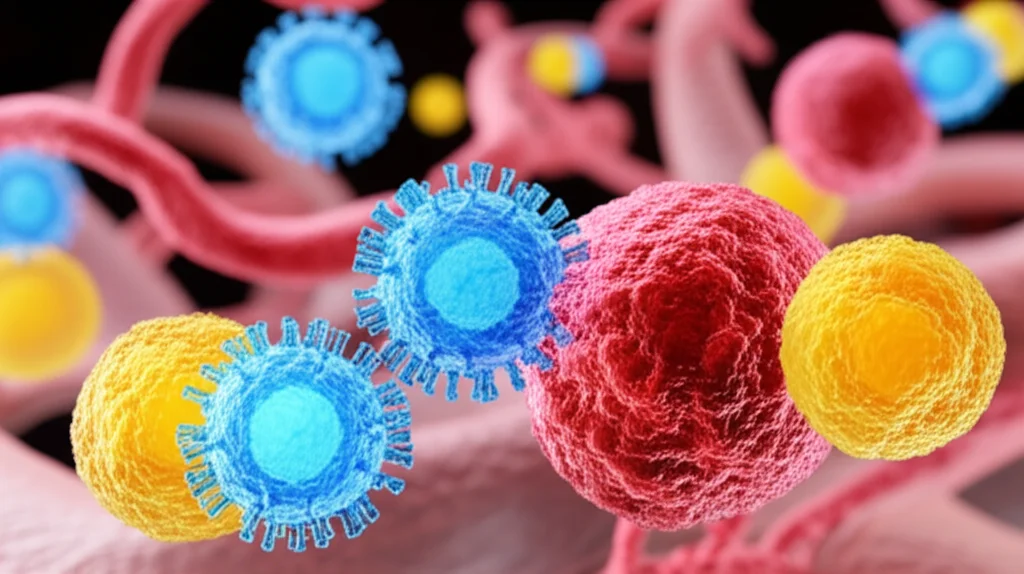 Visualizzazione 3D artistica del microambiente tumorale, obiettivo grandangolare 24mm, con cellule T citotossiche (blu brillante) che interagiscono con cellule tumorali (rosse scure) e macrofagi M2 (gialli), profondità di campo ridotta per focalizzare l'interazione, sfondo sfocato con matrice extracellulare e vasi sanguigni stilizzati.