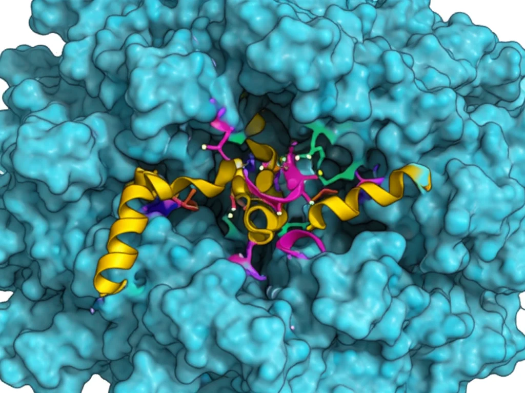Macro fotografia di un modello 3D di proteina complessa visualizzato su uno schermo digitale, con evidenziate modificazioni post-traduzionali (PTM) vicino a un sito di legame per un farmaco. Illuminazione controllata, alta definizione, lente macro 90mm, focus preciso sulle PTM.