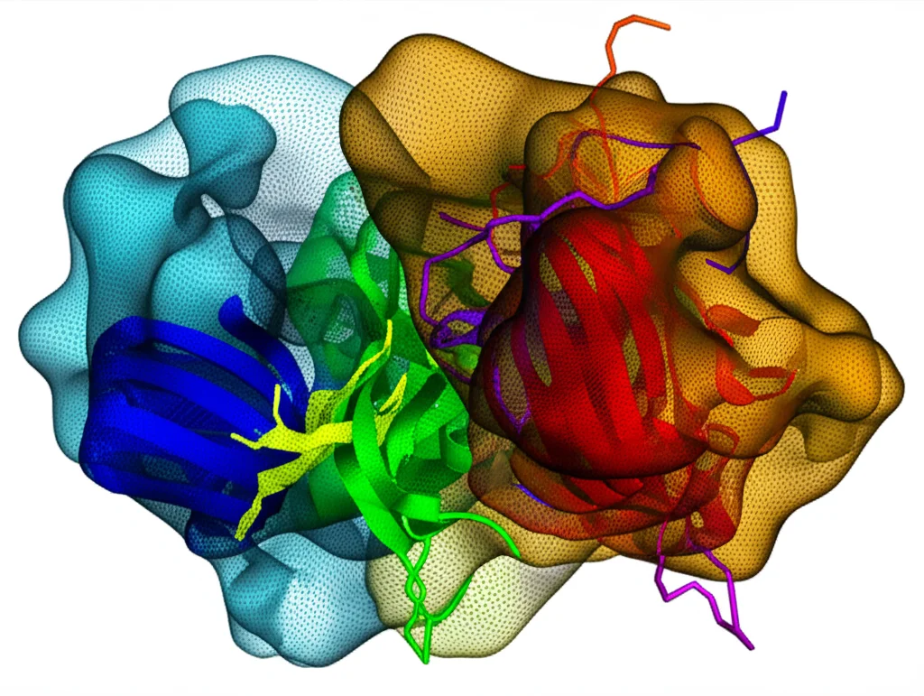 Visualizzazione scientifica astratta che mostra diverse previsioni di modelli proteici (AlphaFold, RFAA, Chai-1) sovrapposte a una struttura sperimentale, evidenziando le deviazioni RMSD del ligando. Grafica digitale, colori contrastanti, alta definizione, stile wireframe.