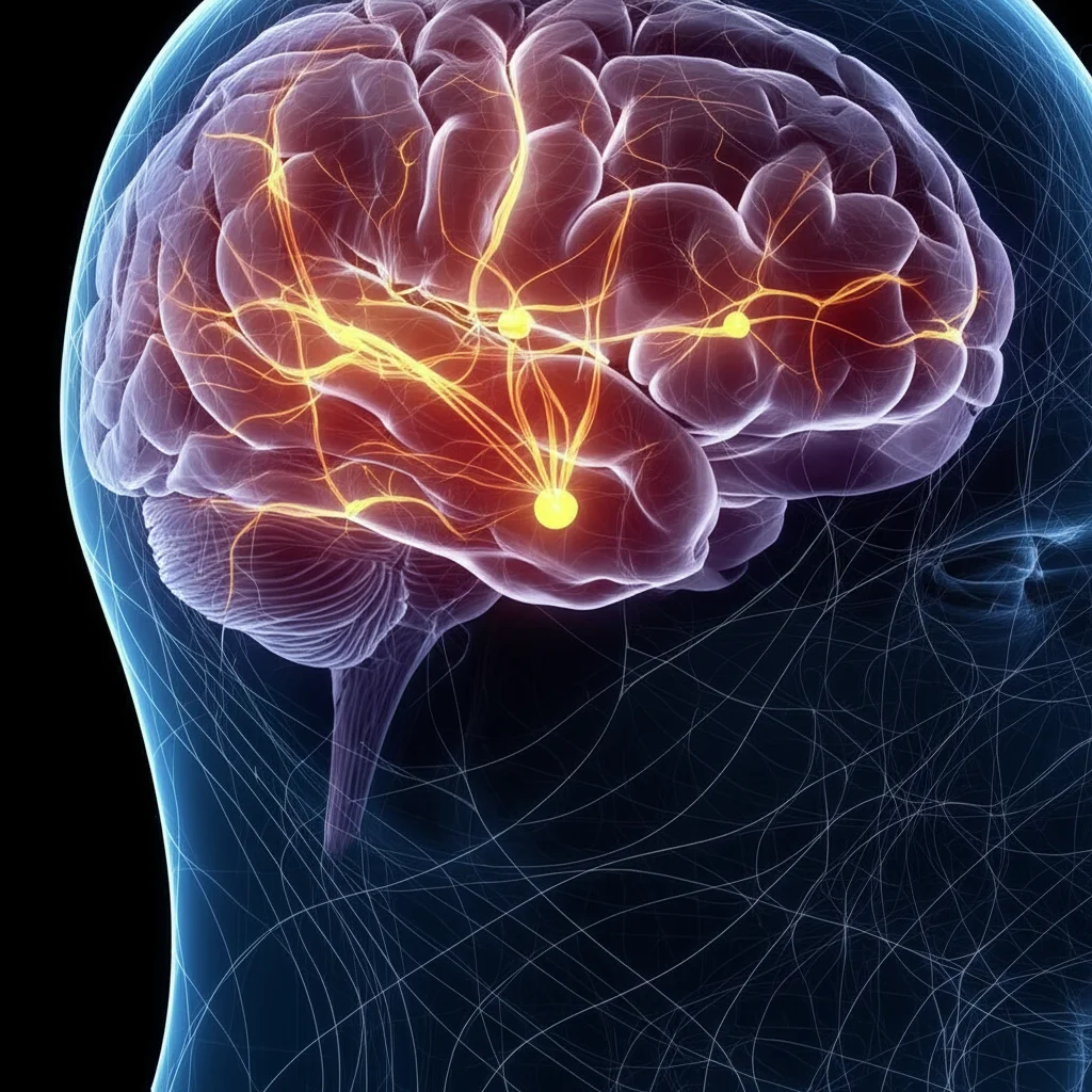 Immagine concettuale astratta che mostra due percorsi neurali distinti nel cervello umano, uno molto luminoso e diretto che simboleggia l'attenzione nella memoria di lavoro (WM), l'altro più diffuso e ramificato per la memoria a lungo termine (LTM). Stile fotorealistico, illuminazione controllata ad alto contrasto, dettagli elevati sui neuroni.