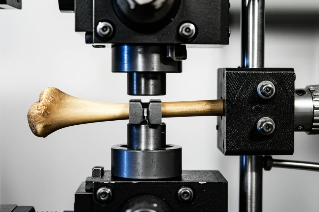 Fotografia realistica di un setup sperimentale per test di trazione su un campione di osso corticale a forma di 'osso di cane', montato su una macchina di prova universale. Obiettivo prime 35mm, profondità di campo che sfoca leggermente lo sfondo della macchina, luce da laboratorio controllata.