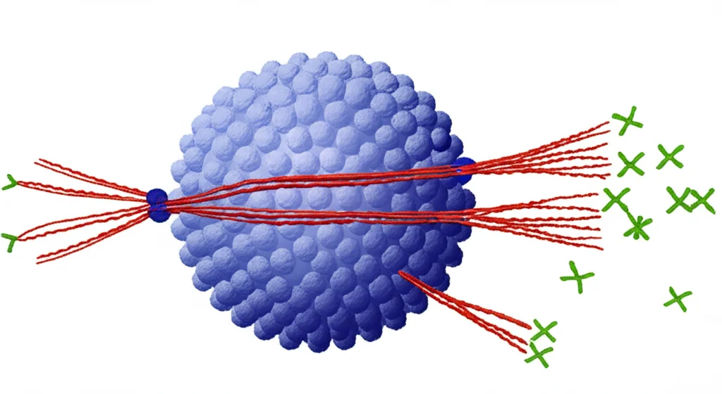 Visualizzazione 3D astratta e artistica di una cellula tumorale con la via di segnalazione Wnt evidenziata in rosso che viene bloccata (indicata da un segno X o da molecole inibitrici), colori contrastanti, alta definizione, stile scientifico-illustrativo.
