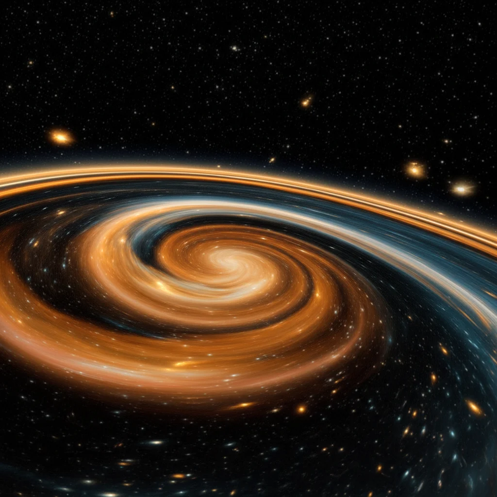 Visualizzazione artistica dell'universo primordiale durante l'inflazione cosmica, con fluttuazioni quantistiche rappresentate come onde luminose che si espandono rapidamente nello spaziotempo curvo, stile astrofotografia, wide angle 10mm, long exposure times, sharp focus.