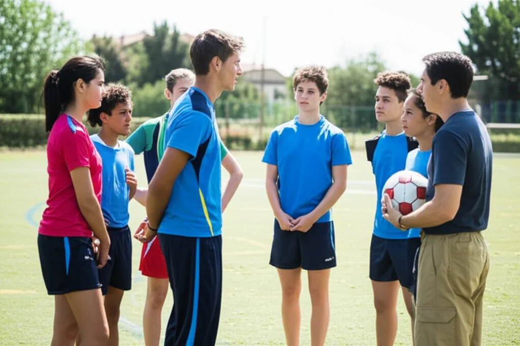 Ritratto di gruppo, studenti atleti liceali (ragazzi e ragazze, diverse discipline sportive accennate dalle divise o attrezzature vicine) che ascoltano un allenatore/insegnante a bordo campo, espressioni attente e collaborative, focus sulla comunicazione e l'apprendimento, obiettivo prime 35mm, profondità di campo media per includere il contesto, luce morbida.