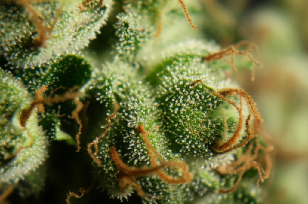 Macro fotografia di tricomi di cannabis scintillanti su un fiore, lente macro 90mm, illuminazione controllata per evidenziare i dettagli delle ghiandole resinose, messa a fuoco precisa.