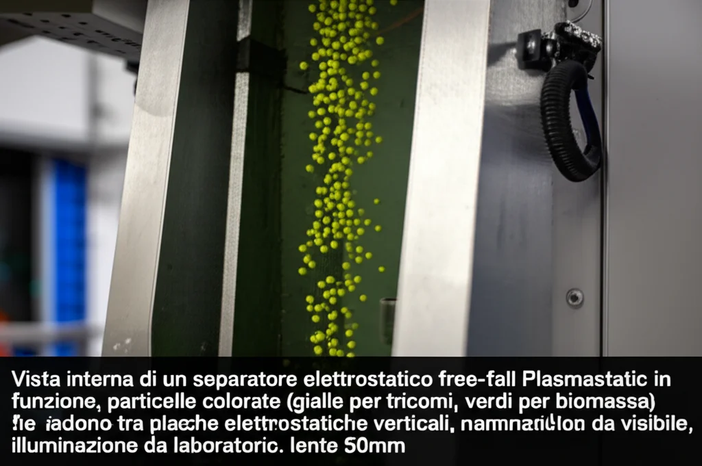 Vista interna di un separatore elettrostatico free-fall Plasmastatic in funzione, particelle colorate (gialle per tricomi, verdi per biomassa) che cadono tra placche elettrostatiche verticali non parallele, illuminazione da laboratorio, dettagli tecnici visibili, lente 50mm.