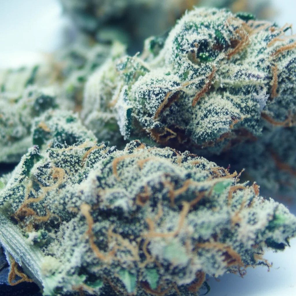 Primo piano di un campione di tricomi di cannabis purissimi (kief) separati elettrostaticamente, aspetto dorato e cristallino su una superficie scura, alta definizione, lente macro 100mm, illuminazione diffusa per mostrare la texture fine e resinosa.