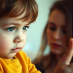 A mother and young child, the child looking at a screen, 35mm portrait, depth of field, hinting at underlying tension.
