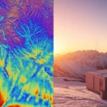 Immagine composita fotorealistica: metà sinistra mostra una visualizzazione satellitare dettagliata della radiazione terrestre a onda lunga (colori caldi e freddi) su una regione montuosa con valli e cime innevate; metà destra mostra una stazione di ricerca climatica con strumenti scientifici in un paesaggio alpino al tramonto. Stile: Fotografia composita, alta definizione, colori vividi per i dati, luce calda del tramonto sul paesaggio, obiettivo 24mm, messa a fuoco nitida.
