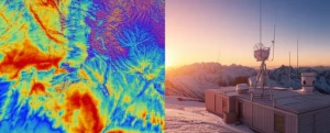 Immagine composita fotorealistica: metà sinistra mostra una visualizzazione satellitare dettagliata della radiazione terrestre a onda lunga (colori caldi e freddi) su una regione montuosa con valli e cime innevate; metà destra mostra una stazione di ricerca climatica con strumenti scientifici in un paesaggio alpino al tramonto. Stile: Fotografia composita, alta definizione, colori vividi per i dati, luce calda del tramonto sul paesaggio, obiettivo 24mm, messa a fuoco nitida.