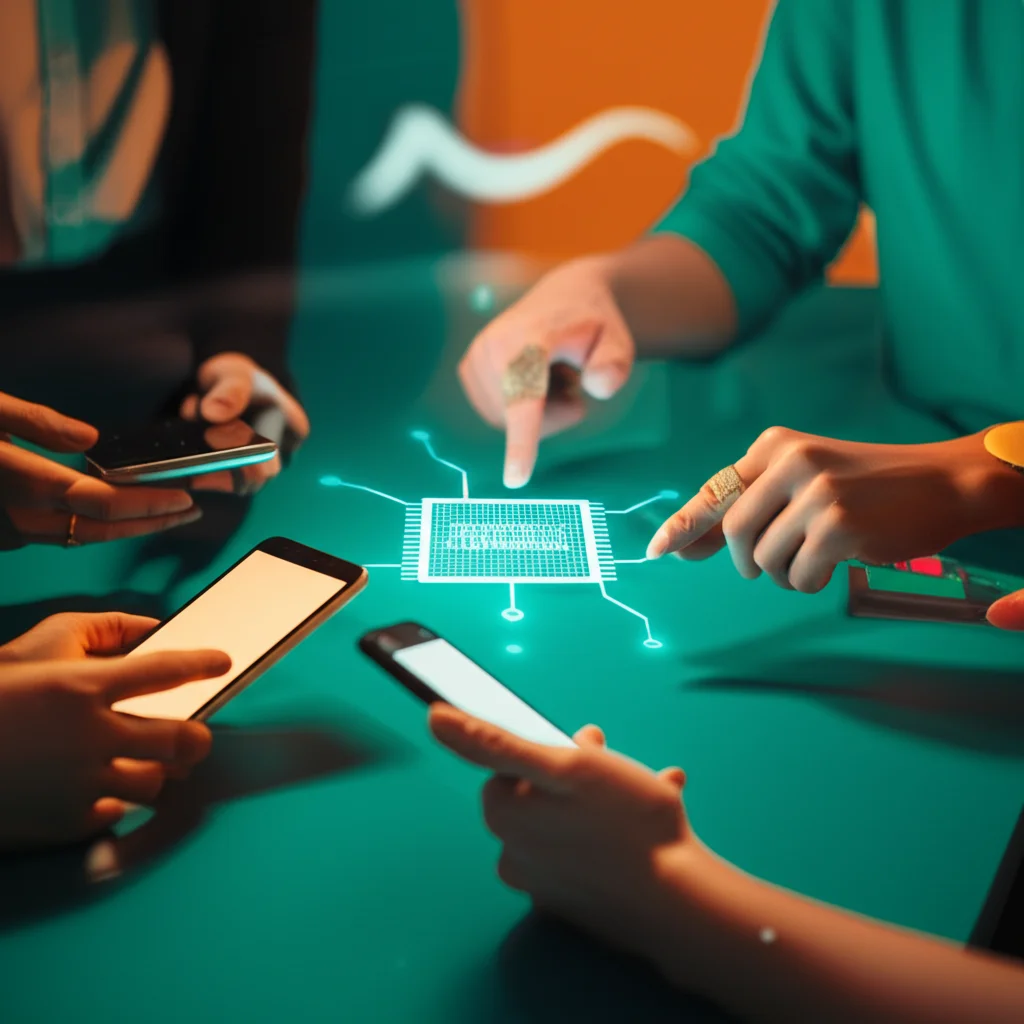Immagine fotorealistica, lente prime 35 mm, che mostra diverse mani con diversi dispositivi (smartphone, tablet, laptop) che collaborano attorno a una rappresentazione astratta brillante centrale di un modello di intelligenza artificiale condiviso, che simboleggia l'apprendimento federato e la privacy dei dati, la profondità del campo, il duotoni caldi e freddi (arancione e verde acqua).