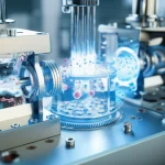Photorealistic image of a mass spectrometer analyzing lipids. Close-up view of ions passing through a chamber where water vapor and radicals are introduced. Macro lens, 60mm, high detail, precise focusing, controlled lighting.