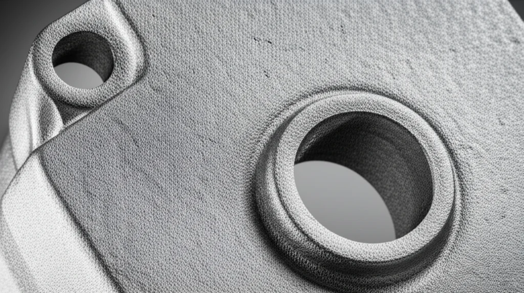 Primo piano fotorealistico di un componente complesso in lega di titanio Ti6Al4V stampato in 3D, con una texture superficiale leggermente ruvida tipica della PBF-LB/M, illuminazione da studio controllata, obiettivo macro 90mm, alta definizione.