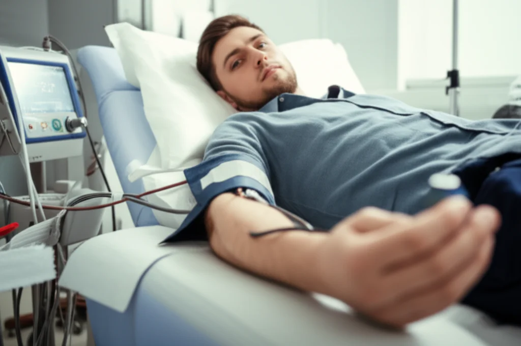 A photorealistic image of a healthy young male participant lying down in a quiet clinical room, with medical equipment around his arm for forearm blood flow measurement. Use a 35mm lens for a portrait-like feel, showing focus on the arm and face, with controlled lighting and depth of field.
