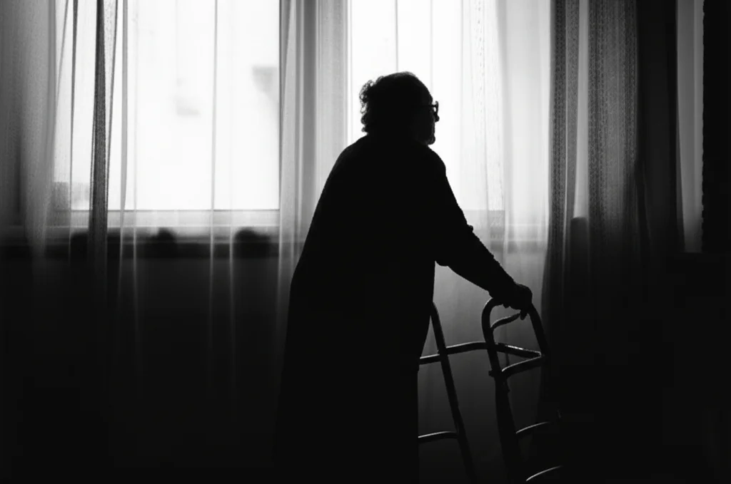 Fotografia in bianco e nero di una persona anziana che guarda fuori da una finestra, con difficoltà a camminare visibile dalla presenza di un deambulatore vicino, obiettivo 35mm, profondità di campo, stile film noir.