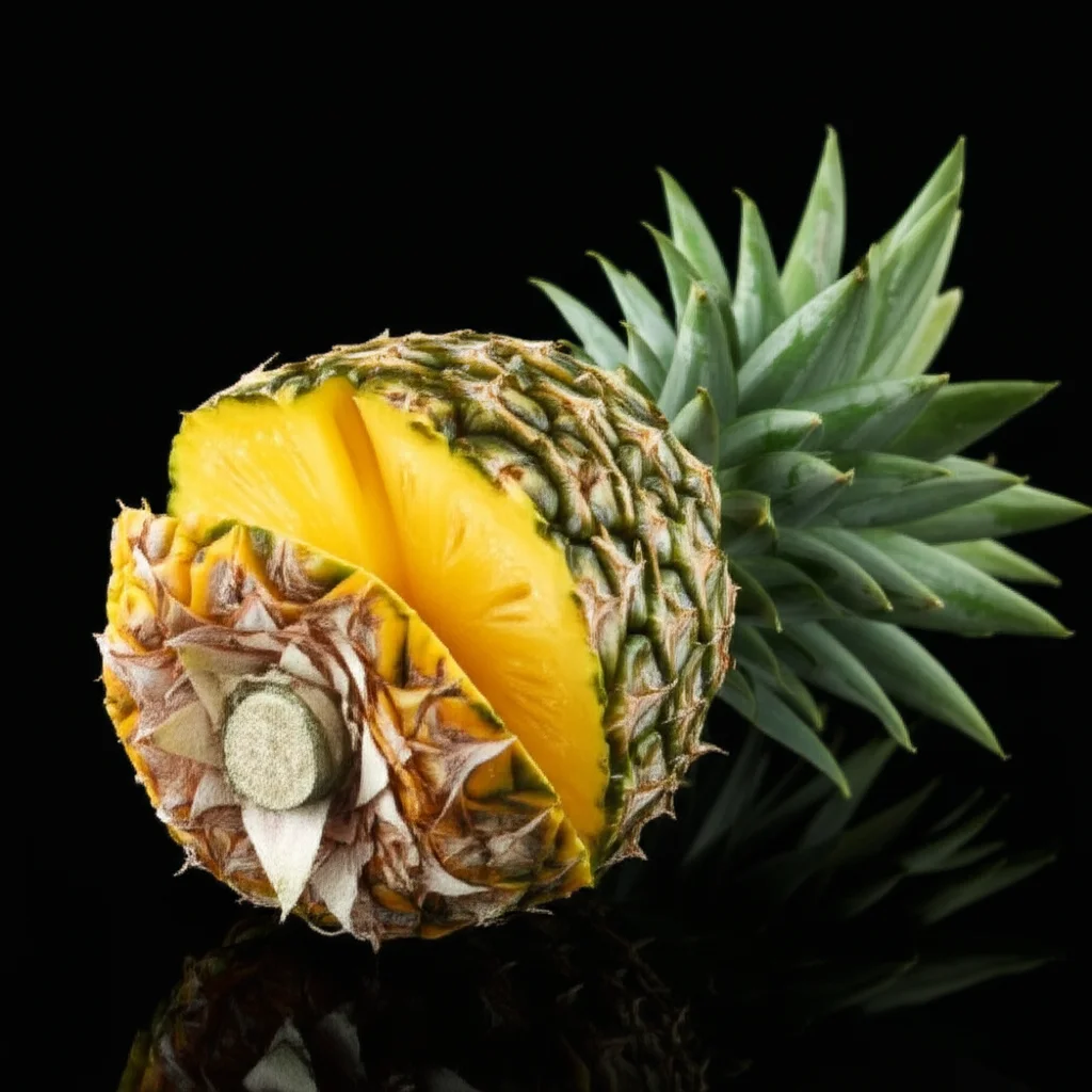 Photorealistic image of a perfectly ripe Unemat Rubi pineapple fruit, showcasing its vibrant yellow pulp and smooth, spineless leaves, ready for the international market. Macro lens, 105mm, high detail, precise focusing, controlled lighting.