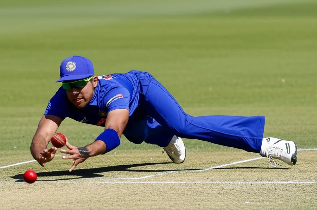 Photorealistic image of a cricket fielder mid-dive to stop a ball, telephoto zoom, 300mm, fast shutter speed, action tracking, bright daylight.