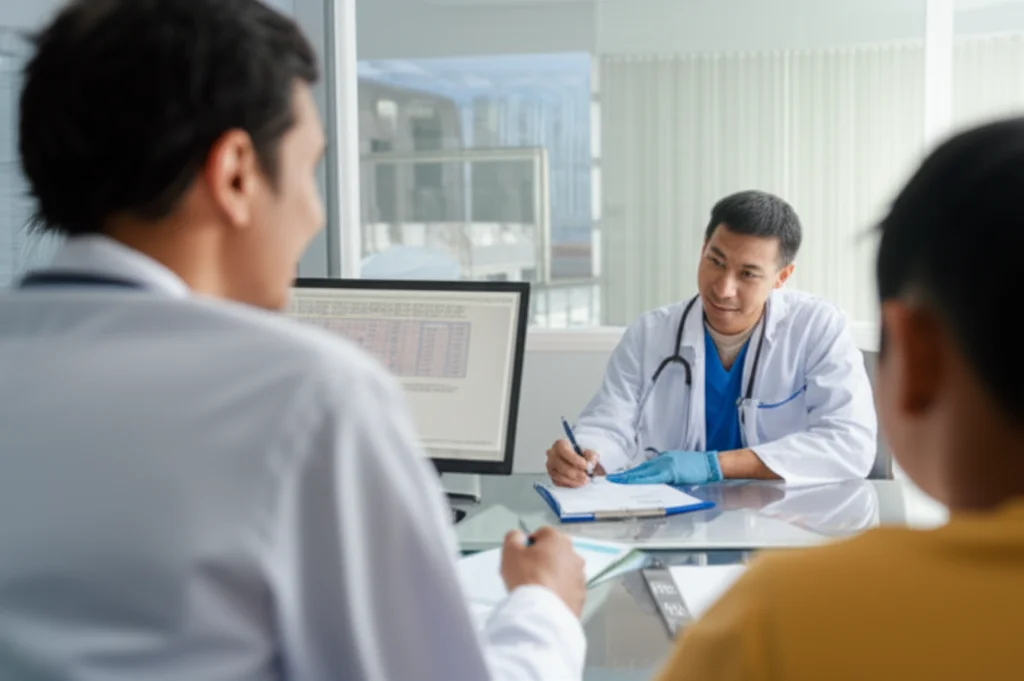 A healthcare worker talking to a family in a clinic setting, 35mm portrait, depth of field, soft lighting