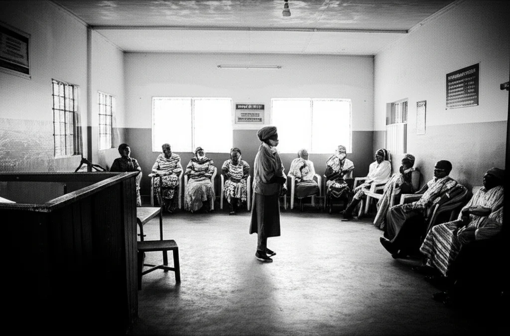 Fotografia documentaristica di un centro sanitario rurale semi-vuoto in Kenya durante la pandemia. Poche persone in attesa, distanziate. Luce interna fioca che suggerisce una ridotta attività. Obiettivo grandangolare 24mm per mostrare l'ambiente, atmosfera di sospensione e preoccupazione. Bianco e nero filmico per accentuare il dramma.