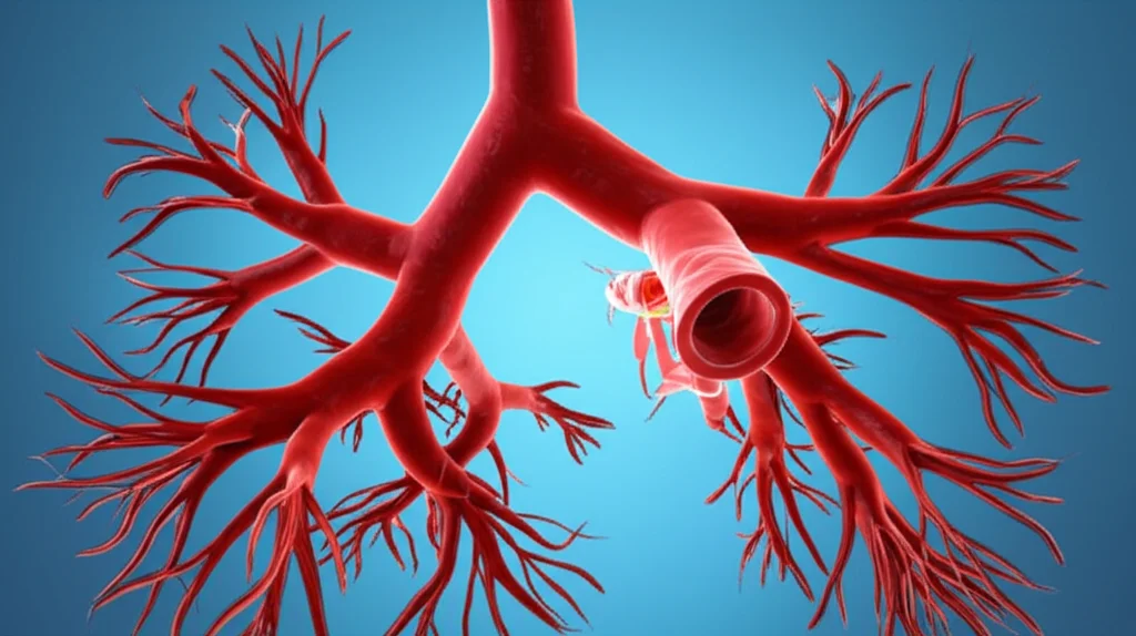 Visualizzazione fotorealistica 3D di una rete capillare sanguigna in via di sviluppo nei polmoni, con alcuni vasi bloccati o ridotti evidenziati in rosso, alta definizione, illuminazione drammatica, stile rendering medico scientifico, lente macro 105mm.