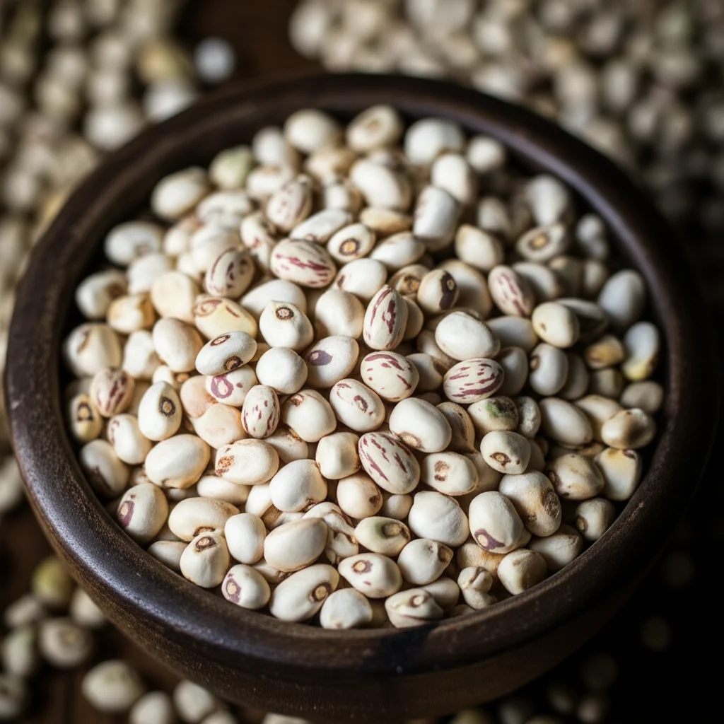 Scatto macro di una semplice ciotola di legno contenente chicchi di mais e fagioli, simbolo di cibo essenziale ma forse insufficiente. Illuminazione laterale controllata che crea ombre profonde, enfatizzando la texture del cibo e del legno grezzo. Obiettivo macro 100mm, alta definizione, focus selettivo sulla ciotola, sfondo leggermente sfocato. Rappresenta l'insicurezza alimentare.