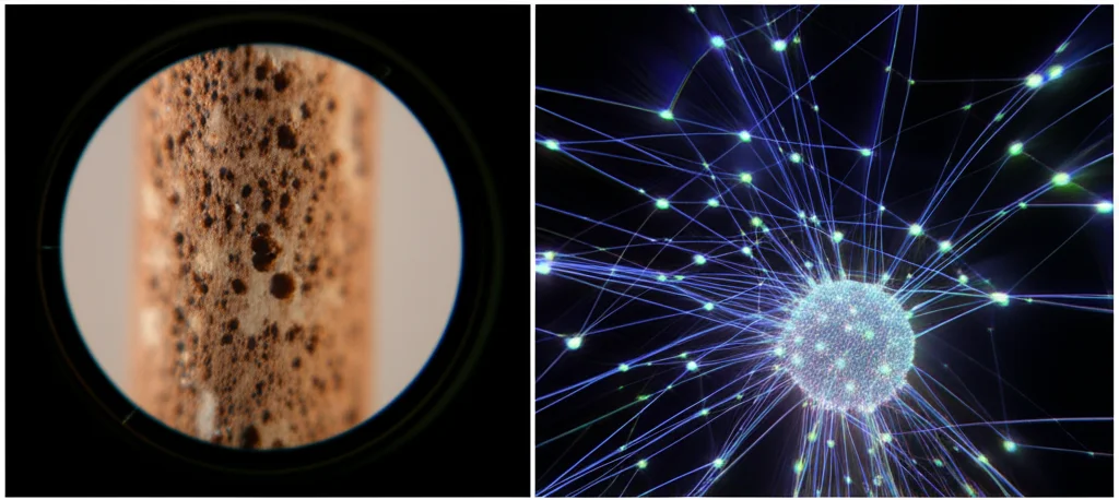 Immagine divisa verticalmente: a sinistra, un campione di roccia porosa (carota) sotto una lente d'ingrandimento, macro lens 100mm, high detail, controlled lighting; a destra, una visualizzazione astratta di una rete neurale con nodi luminosi e connessioni, wide-angle 10mm, long exposure effect.