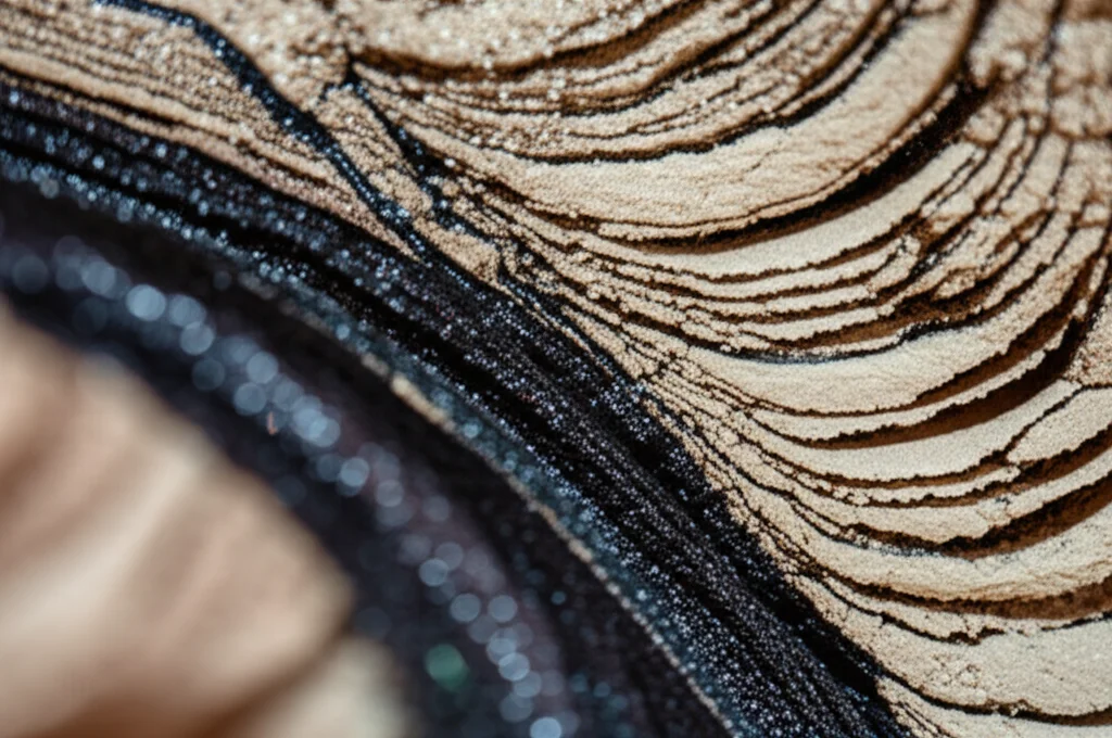 Visualizzazione 3D di una sezione di sottosuolo con un pozzo di perforazione che mostra il fango (colore scuro) che si infiltra in fratture e strati porosi della roccia (colori chiari), macro lens 60mm, high detail, precise focusing.