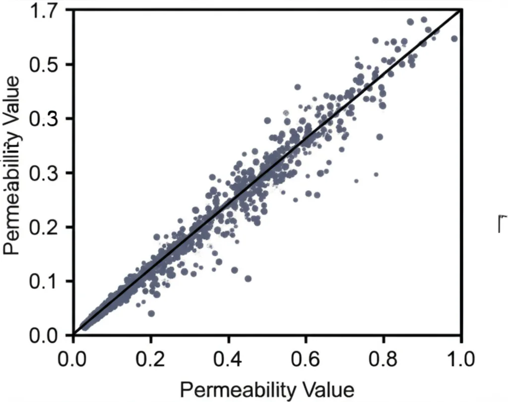 Grafico scientifico che mostra una nuvola di punti molto vicini a una linea retta diagonale, rappresentando i valori di permeabilità predetti dall'AI contro i valori reali, indicando alta accuratezza. Stile pulito, macro lens 100mm, precise focusing on data points.
