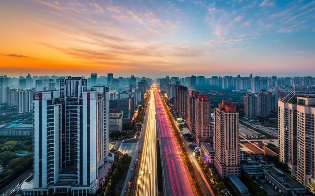 Fotografia paesaggistica grandangolare (10-24mm) dello skyline di Pechino sotto un cielo parzialmente nuvoloso al tramonto, che mostra un miglioramento della visibilità rispetto agli anni precedenti, messa a fuoco nitida, colori caldi, lunga esposizione per scie luminose del traffico.