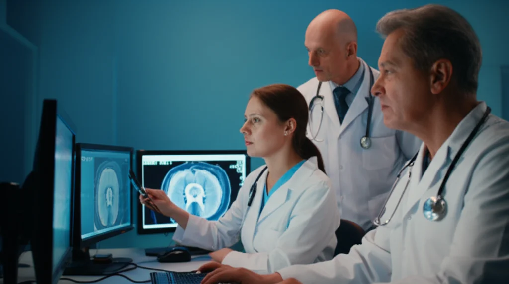 Fotografia realistica di una sala di controllo radiologica moderna, due medici (un radiologo e un tecnico) stanno esaminando attentamente immagini TAC su monitor multipli ad alta definizione, discutendo. Luce controllata, focus preciso sui monitor e sulle espressioni concentrate dei medici. Obiettivo 50mm, profondità di campo.