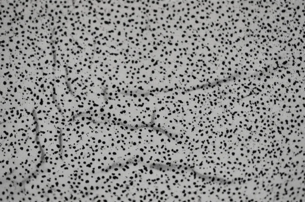 Fotografia macro (60-105mm) di particelle scure simili a fuliggine (black carbon) raccolte su un filtro bianco di campionamento dell'aria, illuminazione controllata laterale per evidenziare la texture granulosa, alta definizione, sfondo sfocato.