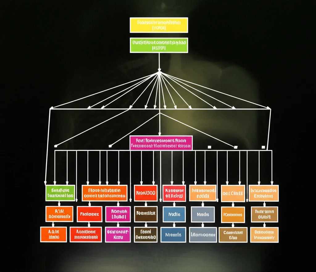 Immagine macro ad alto dettaglio di un diagramma di flusso decisionale stilizzato (come l'albero decisionale AE-RADS) sovrapposto a un'immagine radiologica astratta e luminosa. Illuminazione controllata per evidenziare la struttura del diagramma. Obiettivo macro 100mm, focus preciso sui dettagli del diagramma.