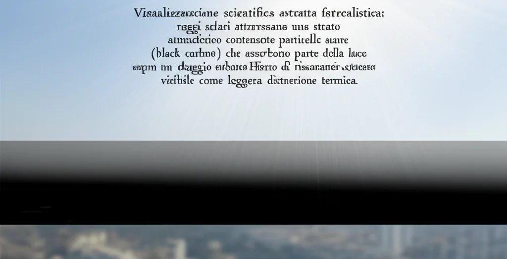 Visualizzazione scientifica astratta fotorealistica: raggi solari attraversano uno strato atmosferico contenente particelle scure (black carbon) che assorbono parte della luce, sopra un paesaggio urbano sfocato. Effetto di riscaldamento atmosferico visibile come leggera distorsione termica.