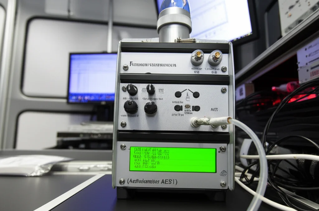 Fotografia di un tecnico scientifico che controlla un Etalometro (Aethalometer AE31) in un laboratorio mobile di monitoraggio della qualità dell'aria, primo piano dello strumento con tubi e display illuminato, obiettivo prime (35mm), profondità di campo ridotta, luce interna controllata.