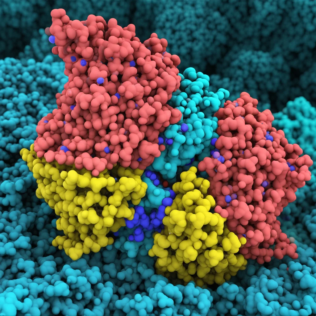 Macro lens, 60mm, high detail, precise focusing, controlled lighting, showing a complex 3D molecular model of the TMC1 protein channel embedded in a cell membrane, with different colored components representing different proteins and surrounding phospholipids.