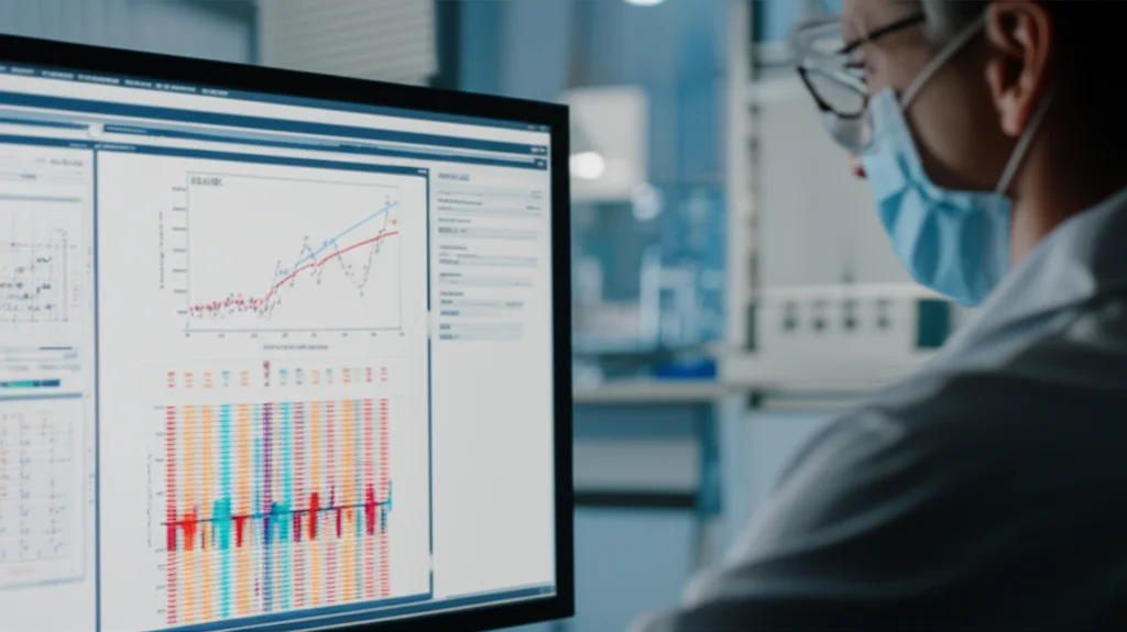 Ricercatore in laboratorio che analizza dati multi-omici complessi su uno schermo ad alta risoluzione, visualizzando grafici di espressione genica e mappe di metilazione. Illuminazione controllata da laboratorio, obiettivo macro 80mm per dettaglio sui dati.