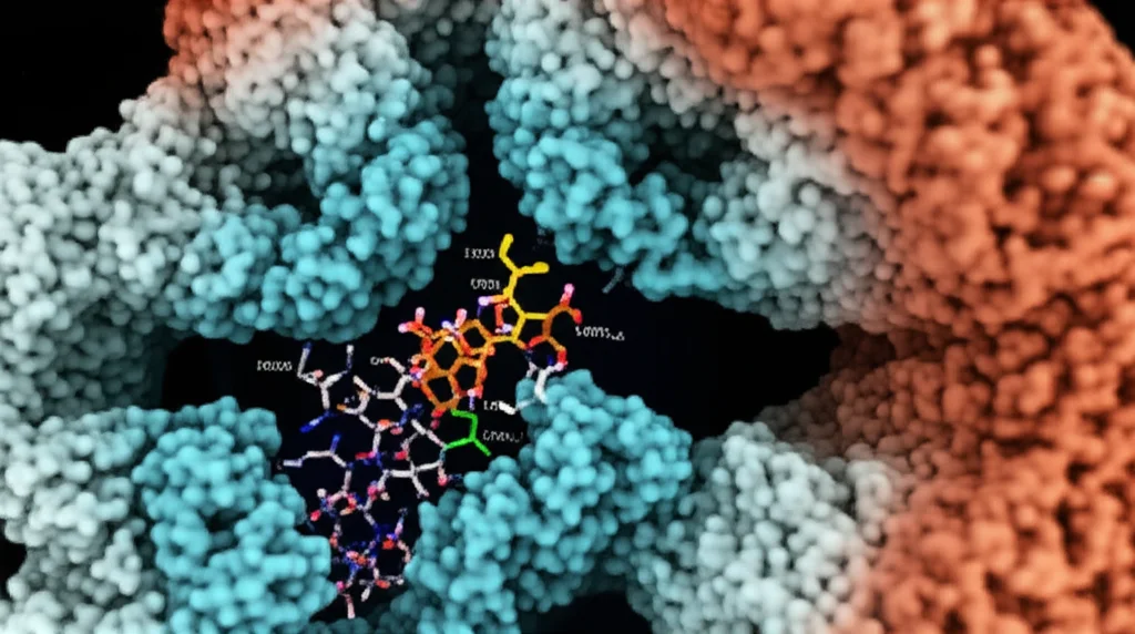 Macro lens, 105mm, high detail, precise focusing, controlled lighting, showing a close-up 3D molecular model of the TMC1 pore cavity with a small drug molecule docked inside, highlighting specific amino acid residues and phospholipid interactions.