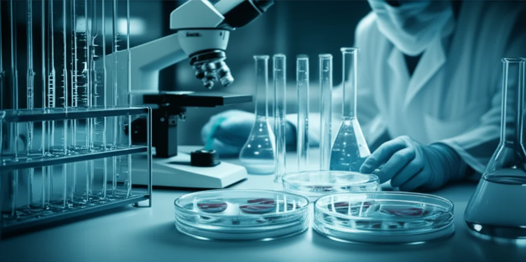 Still life, controlled lighting, showing laboratory equipment used for cell culture and microscopy, with a researcher's hands visible in the background, implying the experimental validation step of the drug discovery process.
