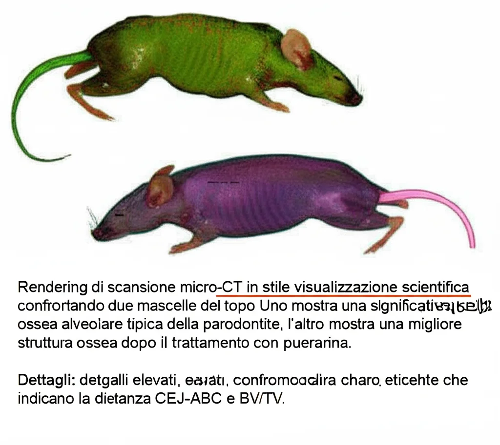 Rendering di scansione micro-CT in stile visualizzazione scientifica confrontando due mascelle del topo. Uno mostra una significativa perdita ossea alveolare tipica della parodontite, l'altro mostra una migliore struttura ossea dopo il trattamento con puerarina. Lens: lente virtuale. Dettagli: dettagli elevati, confronto chiaro, etichette che indicano la distanza CEJ-ABC e BV/TV.