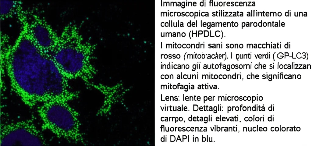 Immagine di fluorescenza microscopica stilizzata all'interno di una cellula del legamento parodontale umano (HPDLC). I mitocondri sani sono macchiati di rosso (mitotracker). I punti verdi (GFP-LC3) indicano gli autofagosomi che si localizzano con alcuni mitocondri, che significano mitofagia attiva. Lens: lente per microscopio virtuale. Dettagli: profondità di campo, dettagli elevati, colori di fluorescenza vibranti, nucleo colorato di DAPI in blu.