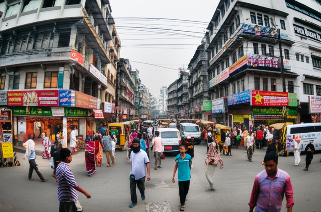 Wide-angle landscape of a busy street scene in an urban area of Bangladesh, 24mm lens, sharp focus, showing diverse people.