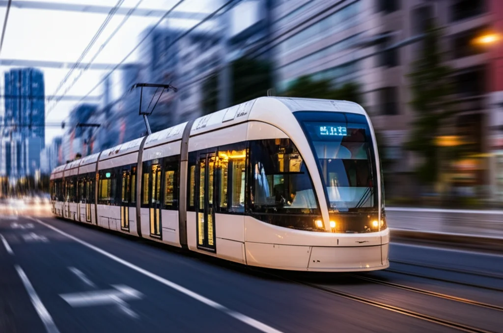 Fotografia dinamica di un moderno tram LRT di Utsunomiya in movimento lungo una strada cittadina al crepuscolo. Obiettivo zoom teleobiettivo 150mm, velocità dell'otturatore elevata per congelare il movimento del tram, tracciamento del movimento, luci della città sfocate sullo sfondo.