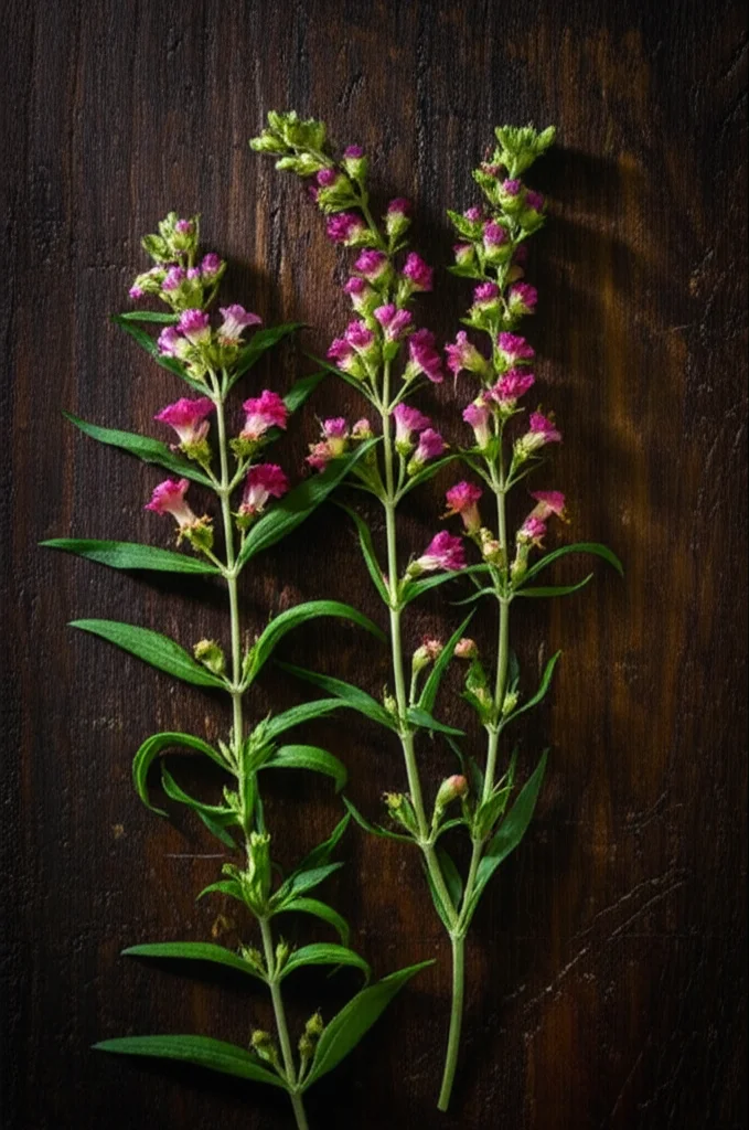 Still life di fiori secchi di Lonicera flos e radici di Scutellaria baicalensis su un tavolo di legno rustico, obiettivo macro 85mm, alta definizione dei dettagli delle piante, illuminazione laterale morbida per enfatizzare le texture, stile fotorealistico.