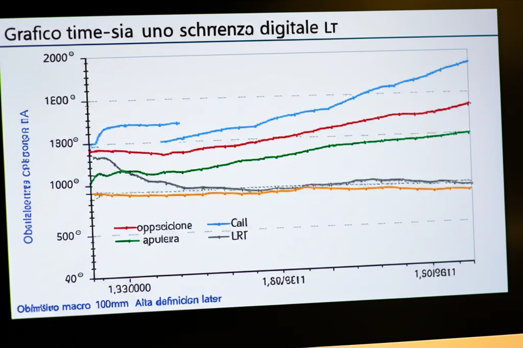 Grafico time-series su uno schermo digitale che mostra l'evoluzione della frequenza di parole chiave come 'opposizione' (in calo) e 'apertura' (in aumento) relative al progetto LRT. Obiettivo macro 100mm, alta definizione, illuminazione laterale per creare contrasto.