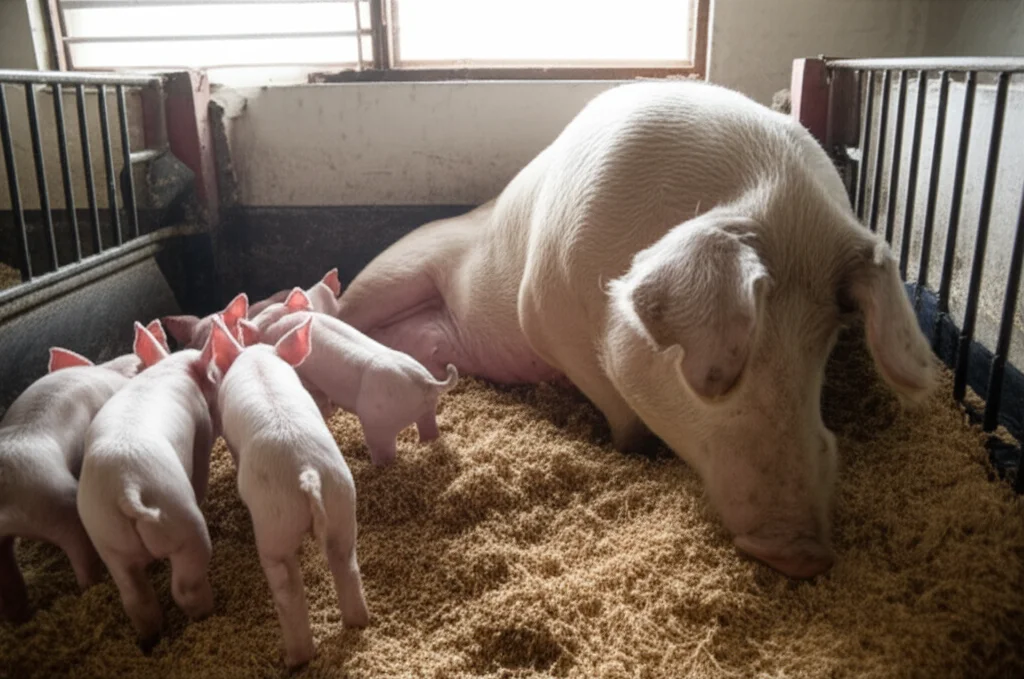 Fotografia di una scrofa che allatta serenamente i suoi suinetti in un box pulito, obiettivo 50mm, luce naturale diffusa da una finestra laterale, profondità di campo media che mantiene a fuoco sia la madre che i piccoli, atmosfera tranquilla e realistica.