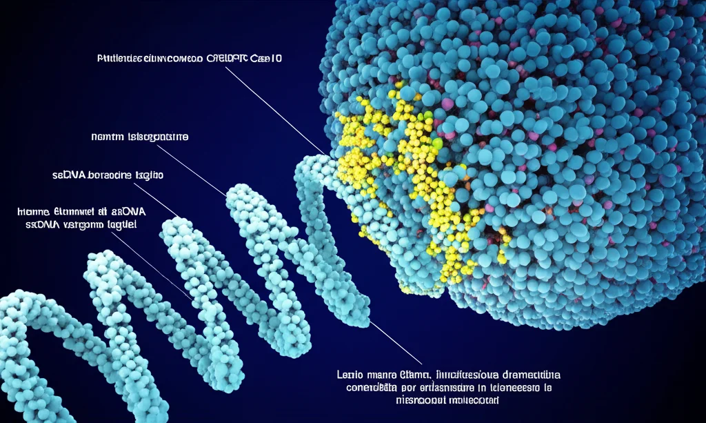 Visualizzazione 3D astratta del complesso proteico multi-subunità CRISPR-Cas10 mentre interagisce con un filamento di RNA bersaglio. Intorno, filamenti di ssDNA vengono tagliati. Lente macro 60mm, illuminazione drammatica controllata per evidenziare le interazioni molecolari, high detail, sfondo scuro.