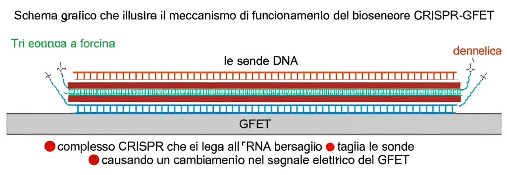 Schema grafico che illustra il meccanismo di funzionamento del biosensore CRISPR-GFET. Si vede il GFET con le sonde DNA a forcina, il complesso CRISPR che si lega all'RNA bersaglio e taglia le sonde, causando un cambiamento nel segnale elettrico del GFET. Stile infografica scientifica, chiara e pulita.
