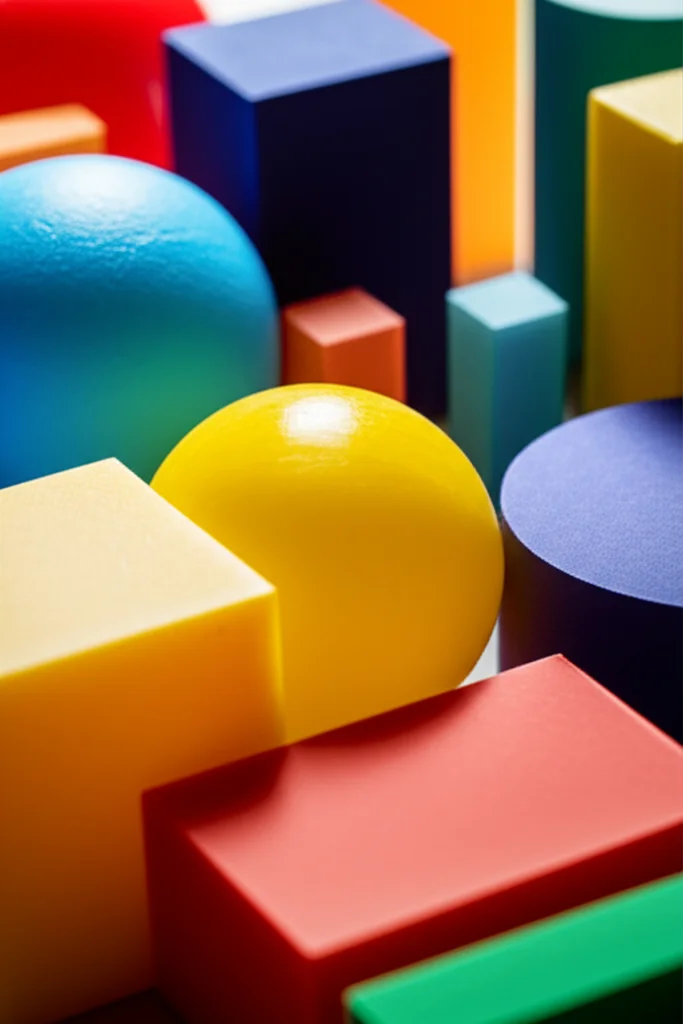 A complex arrangement of abstract shapes representing objects and varying colors representing preferences, under precise lighting, illustrating the challenge of fair allocation, macro lens, 60mm, high detail, precise focusing, controlled lighting