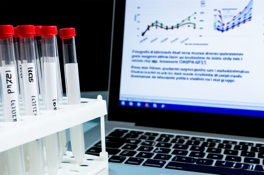 Fotografia di laboratorio che mostra diverse provette di siero sanguigno etichettate (sani vs pazienti) accanto al piccolo chip del biosensore CRISPR-GFET. Sullo sfondo, uno schermo mostra grafici con i risultati distinti tra i due gruppi. Prime lens 50mm, profondità di campo media, illuminazione da laboratorio pulita e professionale.
